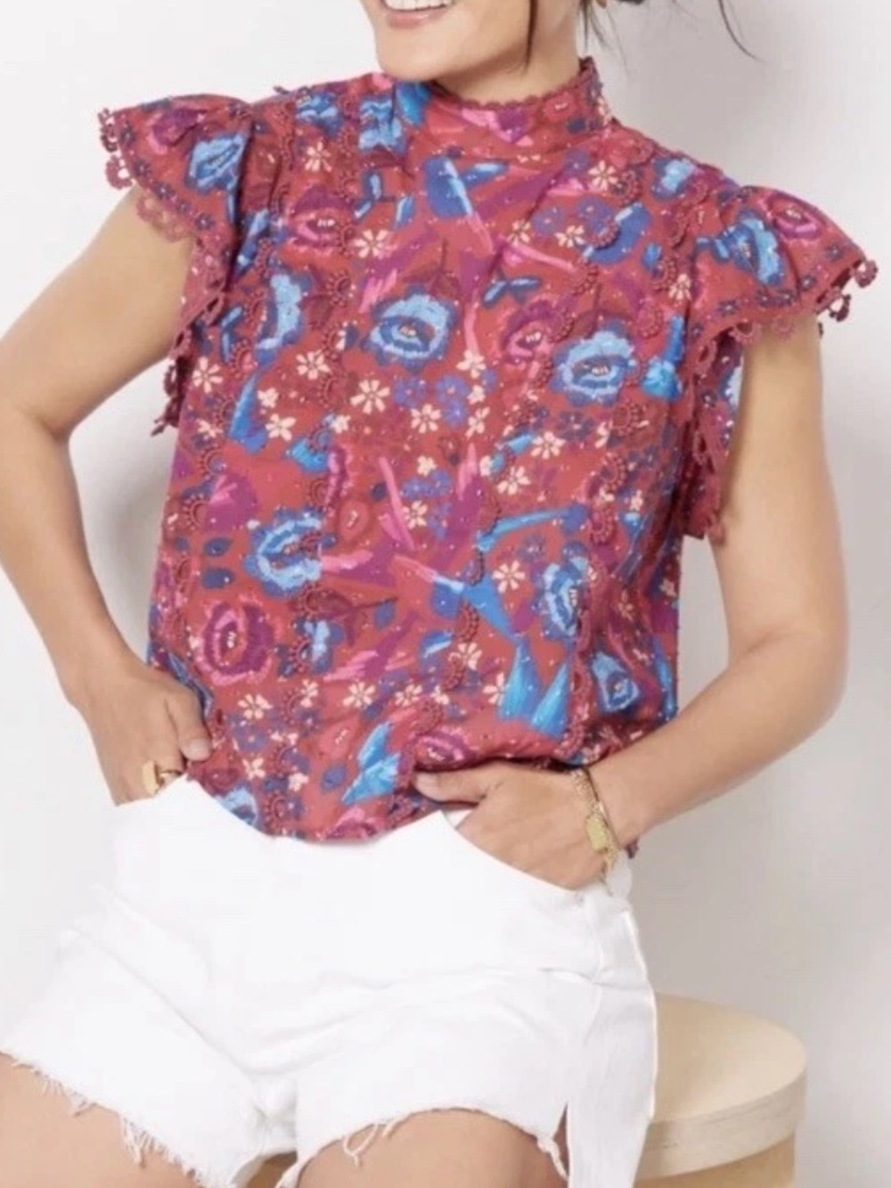 FARM Rio Tropical Floral Print Crochet Trim Flutter Top Small
